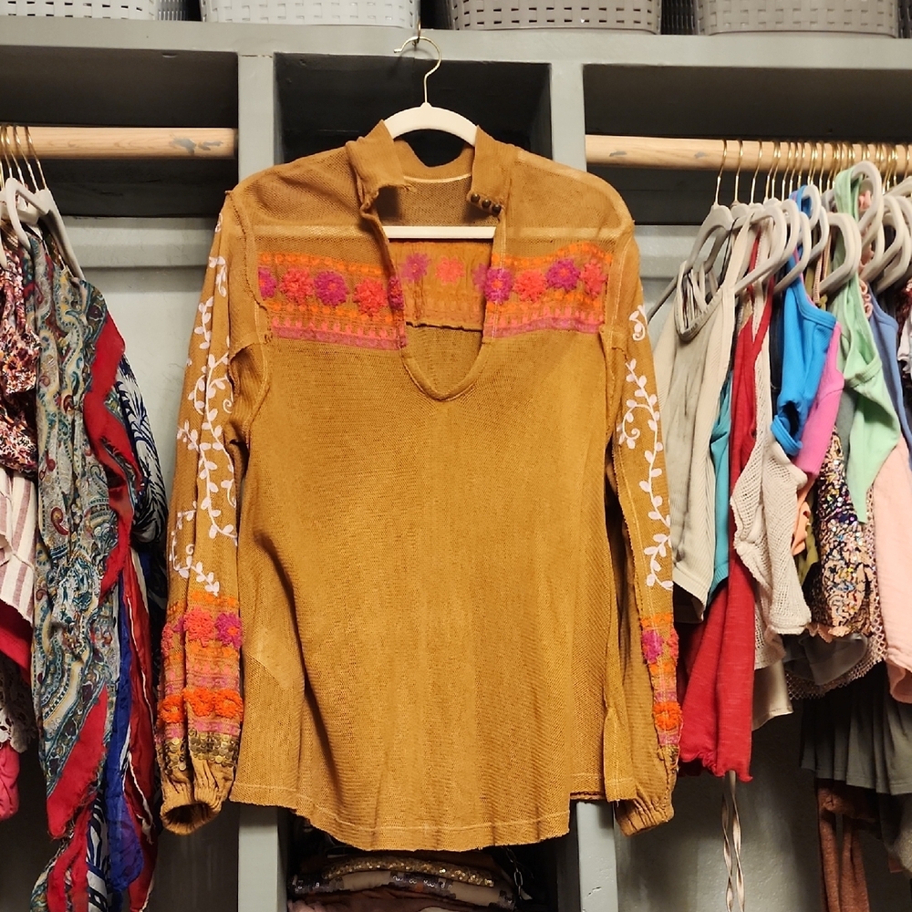 Free People Embroidered Mustard Top